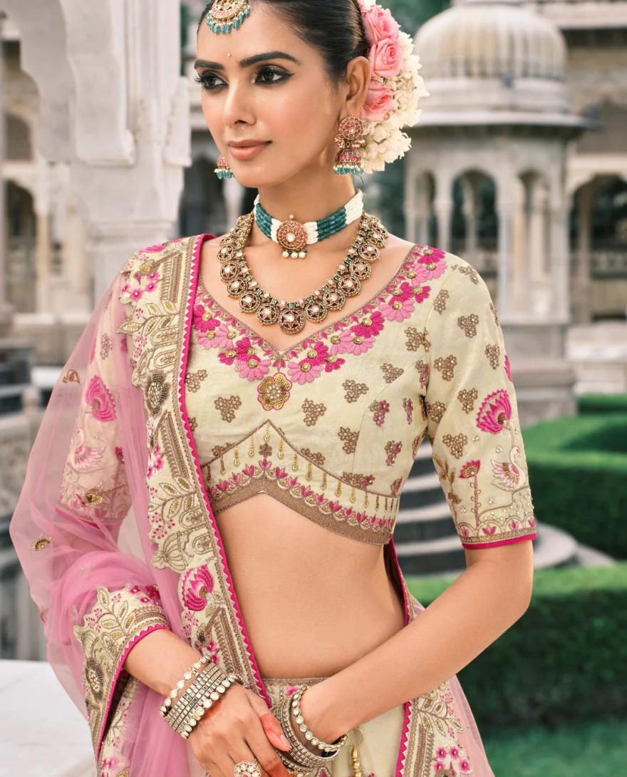 OFFWHITE - Off-White Fancy Silk Lehenga Choli With Cut Work Embroidery Border & Stone Work